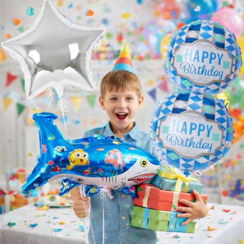 Image of Rozi Decoration Shark Theme Foil Balloon Set with Happy Birthday Balloons, Blue Shark Shape Balloon and Star Balloons for Birthday Decoration, Kids Party and Ocean Theme Decor Pack of 5 Pcs