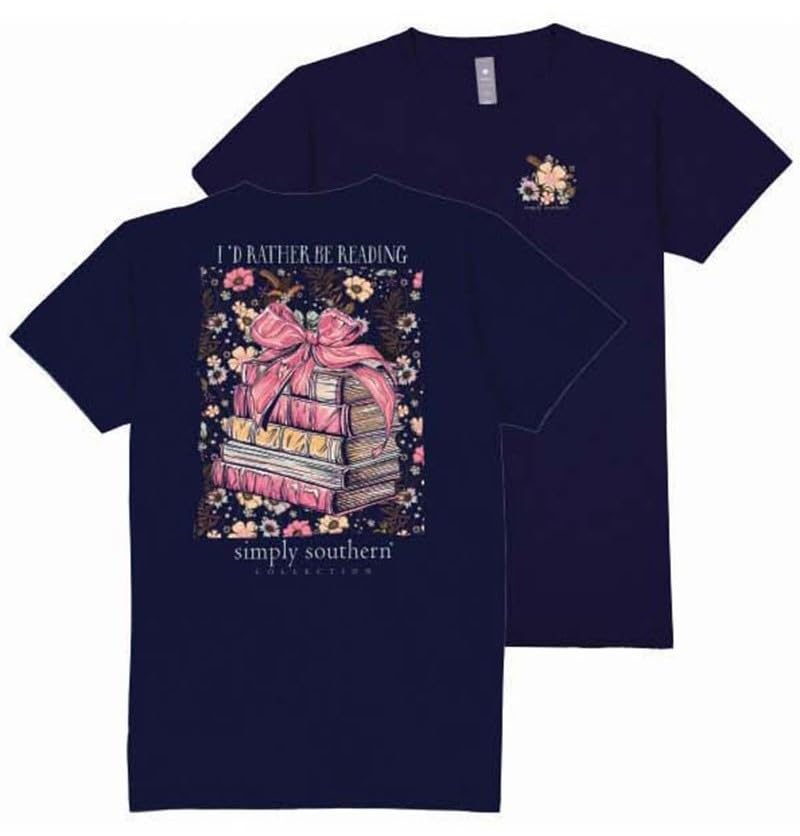 Simply Southern I'd Rather Be Reading - Floral Book - Adult T-Shirt, Navy Blue