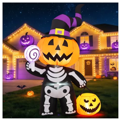 GOOSH 6 FT Halloween Inflatable Pumpkin Skull Body Outdoor Decorations Blow Up Yard Pumpkin with Built-in LEDs for Garden Lawn Party Decor
