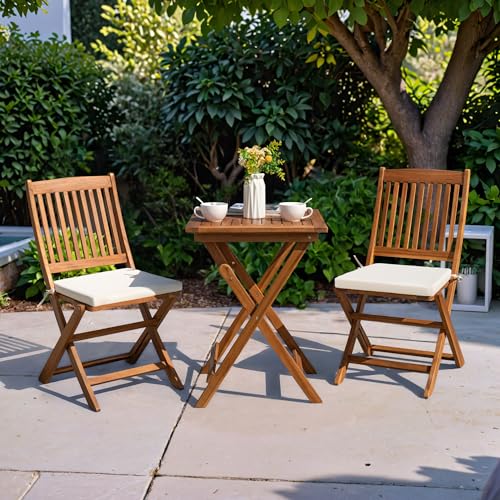 Image of Greesum 3 Piece Patio Folding Furniture Bistro Set with 2 Cushions for Pool Beach Backyard Balcony Porch Deck Garden, Acacia Wood