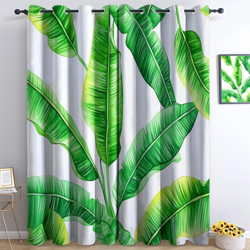 Acuarela aletas tropicales ocultantes cortinas interiores verdes para ventana con ojales, para niños, sala de estar, oficina, juego de 2, 140 x 245 cm (LxH)