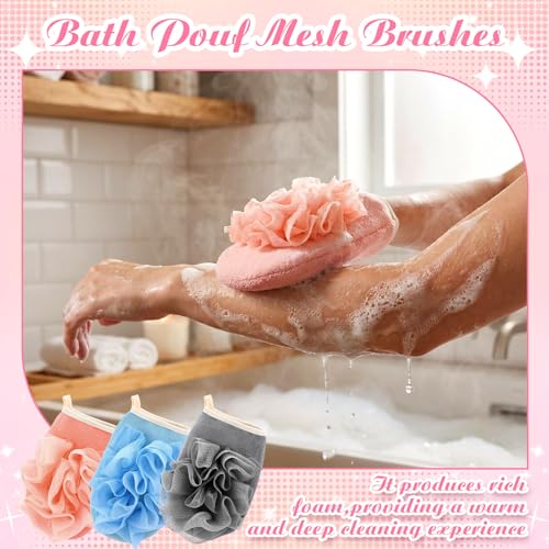 Gilprop 6 Pcs Bath Shower Pouf Sponge Mesh Pouf Exfoliating Shower Ball Puff Loofah Bath Sponge Hand Elastic Body Brush Strap 2 in 1 Mitt Glove for Face and Body that Gets You Clean — view 5