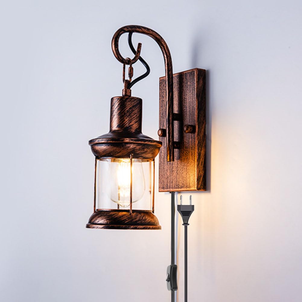 Antike Wandleuchte mit Stecker Kabel Schalter Wandlampe Glas und Aluminium Vintage Wandbeleuchtung Veranda Beleuchtung Wand Lampe Retro Rustikale für Innen Schlafzimmer Wohnzimmer Freien