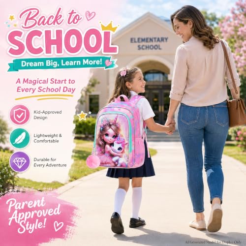 Image of AGSDON 3PCS Unicorn Backpack for Girls, 16 inch Kids Backpacks for Girl Water Resistant Preschool, Elementary Bookbag with Lunch Box