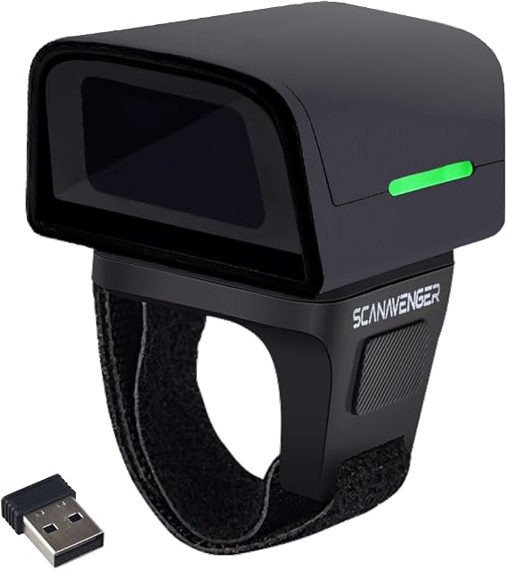 ScanAvenger 1D 2D QR Ring Bluetooth Barcode Scanner Wearable Mini Wireless Finger Reader, USB & 2.4GHz, Compatible with iOS, Android, Windows, for Warehouse, Store & Inventory Use