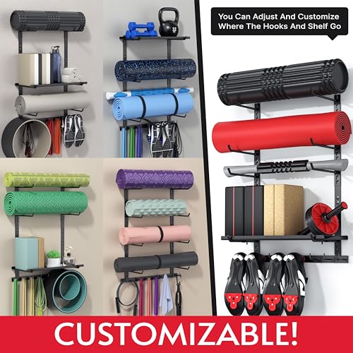 Home Gym Storage Shelf Only, Adjustable Gym Equipment Organizer Wall Mounted with 1 Board, Yoga Mat Holder, Storage Rack Compatible with Peloton Shoes & Mat, Shelf for Home Training Accessories - Image 4