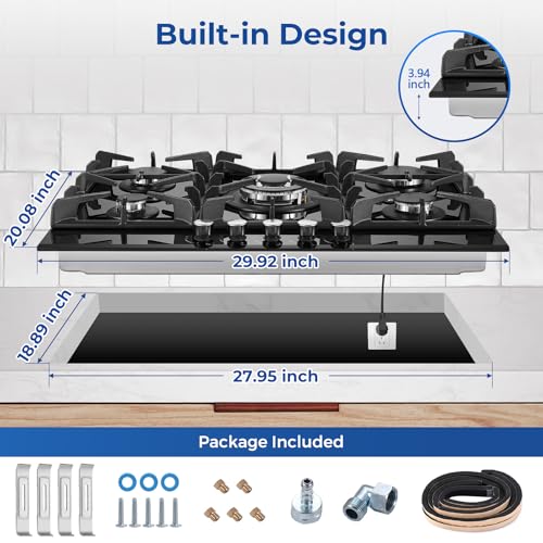 image for Gas Cooktop 30 Inch, Amzgachfktch 5 Burners Propane Stove, Built-in NG
