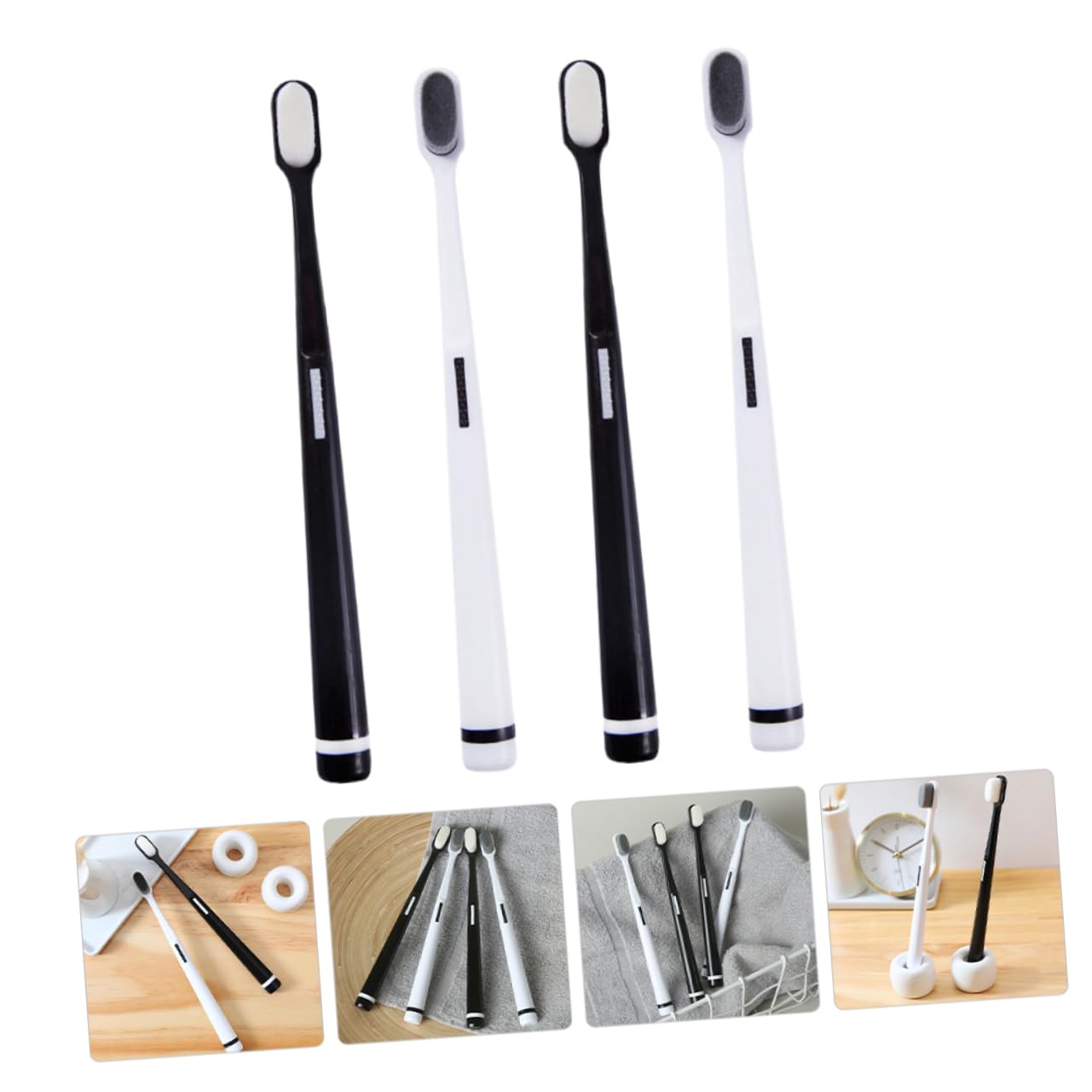 Spazzolino da Denti Manuale 4 Pezzi Set Adulti Setole Morbide | Bianco e Nero, Superficie Liscia, Non Si Deforma, Penetra negli Spazi tra Denti