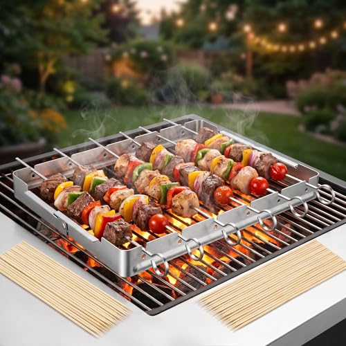 YJLDDZ Stainless Kabob Skewers – Foldable Holder with 6 Metal & 100 Bamboo by YJLDDZ - Used condition - Image 6