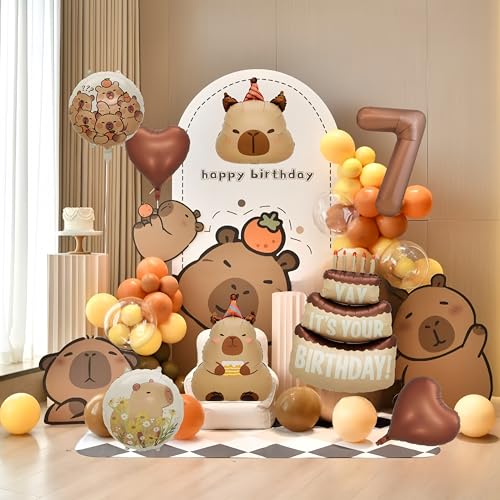 Image of Capybara Birthday Foil Balloon Set, 8-Piece Party Decor (7) | Reusable foil balloon set with capybara, cake,number . Perfect for birthday, baby shower, gender reveal & themed parties