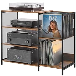 Large Record Player Stand Table with Vinyl Record Holder Up to 150PCS, AV Media Stand Stereo Cabinet Shelf Rack Tower with Storage, Sturdy, Adjustable Feet, Rustic, Large Capacity - Les Beatles, Paul McCartney, John Lennon, RIngo Starr, George Harrison