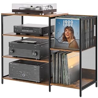 Large Record Player Stand Table with Vinyl Record Holder Up to 150PCS, AV Media Stand Stereo Cabinet Shelf Rack Tower with Storage, Sturdy, Adjustable Feet, Rustic, Large Capacity - Les Beatles, Paul McCartney, John Lennon, RIngo Starr, George Harrison