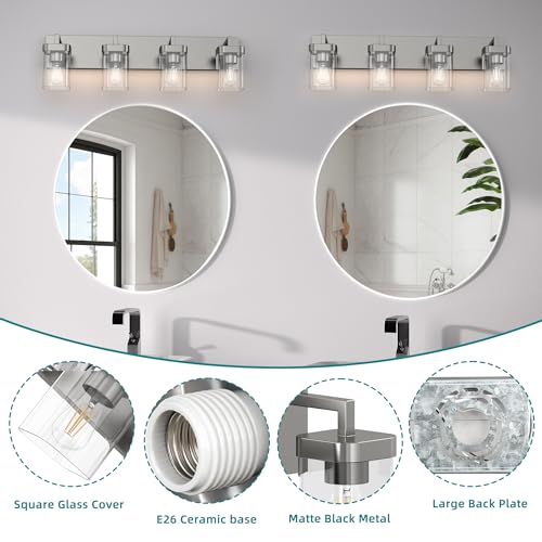 Image of 4-Light Bathroom Light Fixtures, Brushed Nickel Vanity Lights for Bathroom, Kitchen, Living Room, Modern Bathroom Vanity Lights with Clear Glass Shades