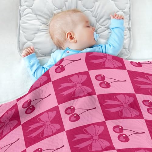Image of Checkered Pink Cherries and Bows Baby Swaddle Blanket for Boys and Girls, Muslin Baby Receiving Swaddle Blanket, Soft Cotton Nursery Swaddling Blankets for Newborn Toddler Infant