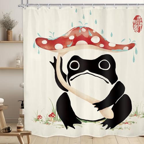 Funny Frog Mushroom Lovely Asian Traditional Bathroom Shower Curtain Set
