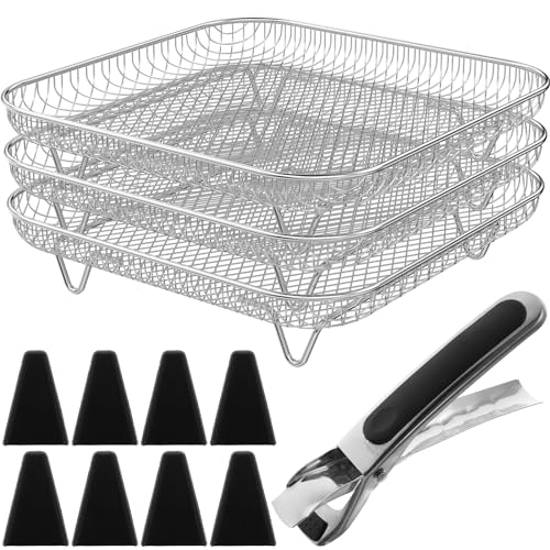 8 inch Square Air Fryer Rack 3 Layer Stackable Dehydrator Rack Stainless Steel Stackable Air Fryer Basket with 8 Silicone Feet 1 Anti-Scald Clip for Air Fryer Baking Cooking