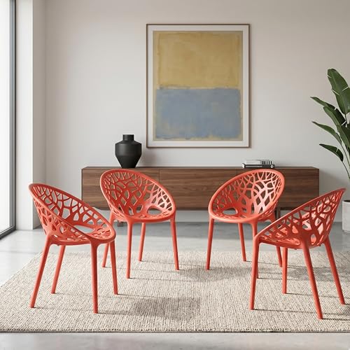 Image of Oaknest Neelkamal Crystal Plastic Chair - Stylish Tree-Design Backrest, Lightweight & Durable for Home, Garden & Patio (Red), Set of 4 Piece