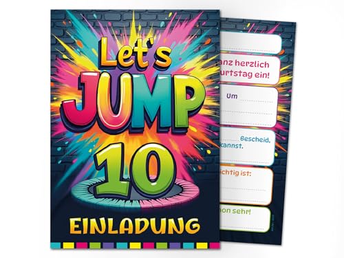 Junaversum 12 Einladungskarten zum 10. Kindergeburtstag Jump Party Jungen Mädchen Kinder coole bunte Einladungen zehnte Geburtstag Geburtstagseinladungen Kids