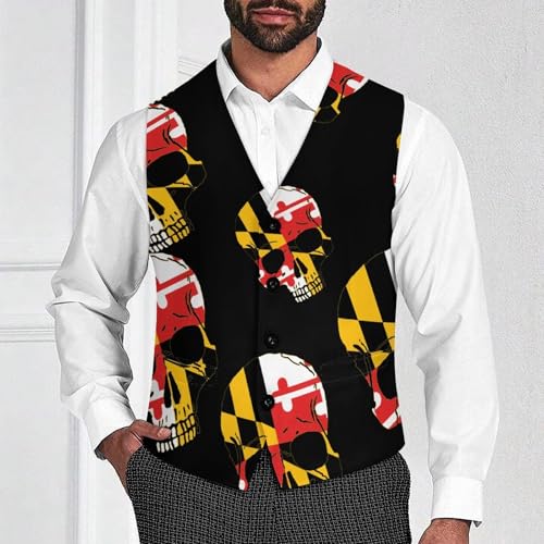 Maryland Flag Skull Head Men's Formal Suit Vest for Business Formal Or Casual Dress Waistcoat Wedding2