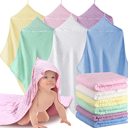 Image of 6 Sets Baby Hooded Bath Towels Muslin Cotton Newborn Washcloths Essentials, 32 Inch Soft Infant Bath Towel for Bathtub, 9.8 Inch Absorbent Toddler Face Washcloths Newborn Gifts Stuff for Girl Boy
