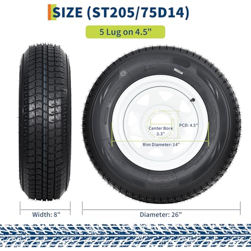 Image of GarveeTech ST205 /75D14 Trailer Tire and Wheel Assembly, 5 Lug, Set of 2 | Heavy-Duty Load Range C 6PR, White Spoke Wheel, 14 Inch Tires for Utility /Boat /Camper Trailers