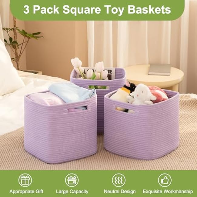 Storage Cubes - 11 Inch Cotton Rope Woven Baskets for Shelves, Organizing, Kids & Baby Nursery - Purple, 3 Pack
