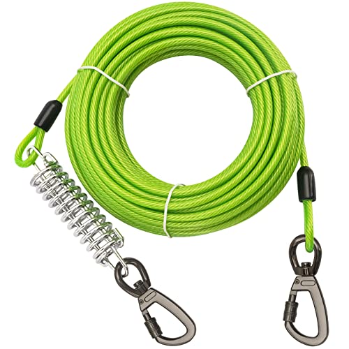 Tie Out Cable with Spring for Dogs,150FT Long Dog Leash ,Dog Runner for Yard Heavy Duty, Dog Chains for Outside, Sturdy Long Line Lead for Dogs Training Outdoor in Camping or Yard (Green,50ft)