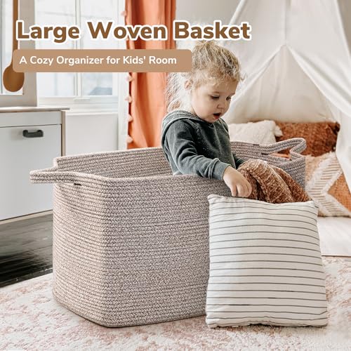 Goodpick Blanket Basket, Woven Baskets for Storage, Extra Large Storage Basket for Clothes, Toys, Dirty Clothes Basket for Laundry, Living Room, 23.6" x 15.7" x 13.8", Brown, 85L