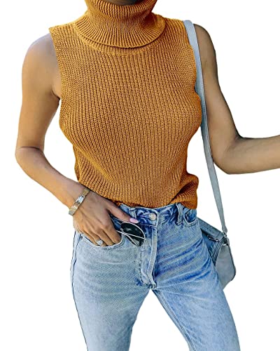 Image of Womens Sleeveless Sweater Vest Turtleneck Ribbed Knit Tank Tops Basic Slim Fit Top