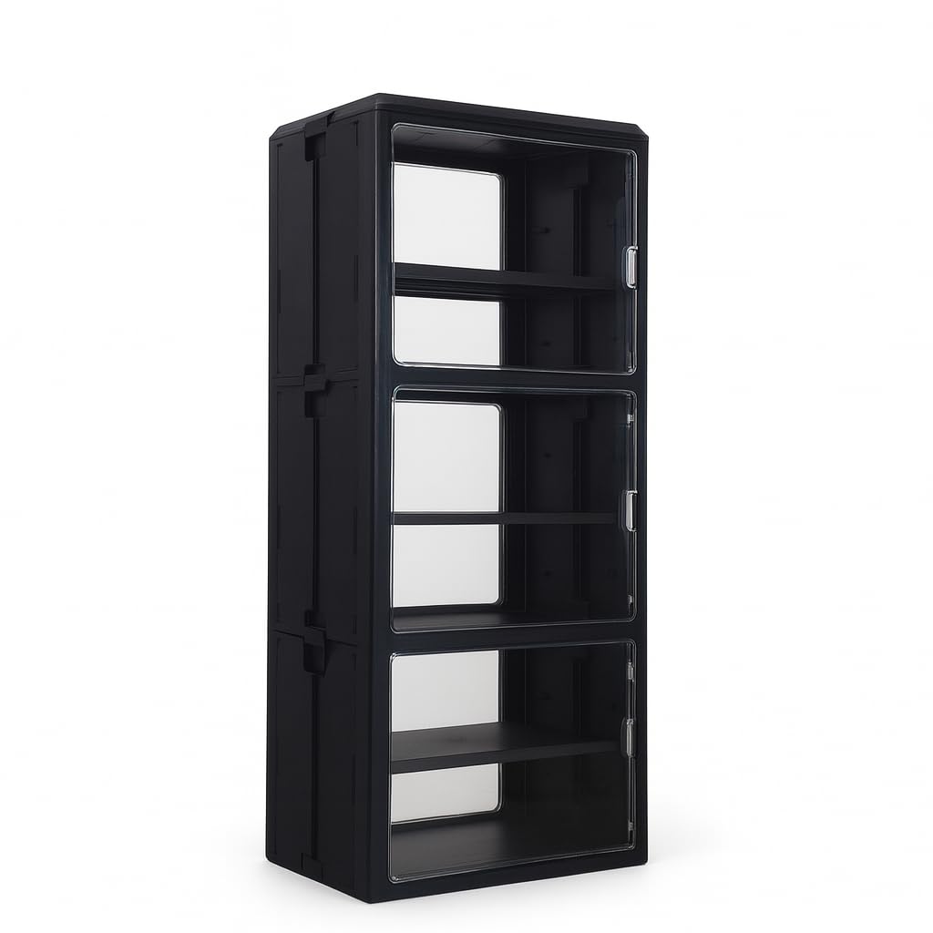 Vitrine transparente pliable empilable à portes double sens 3 niveaux grand format noir