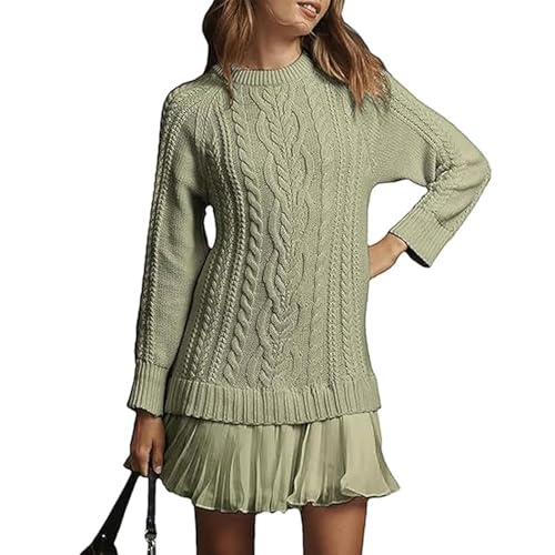 Women Crewneck Cable Knit Sweater Mini Dress, Twofer 2 Piece Set Patchwork Pleated Knit Pullovers Mini A-line Dresses