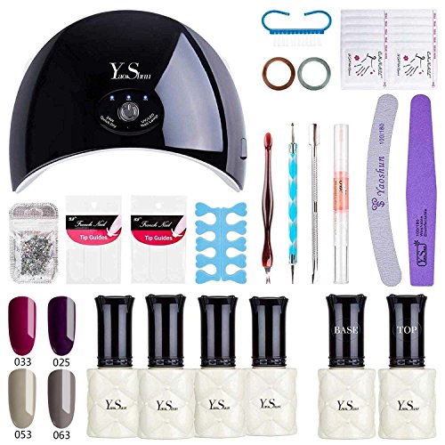 KIT MANUCURE SEMI PERMANENT - Y&S Vernis à ongles Gel Kit Vernis Semi permanent Gel Coffret, Gel 4 Colors 8ML Nude Rouge Gris Brun+ Top Base+ Lampe LED 24W + Accessoires Manucure