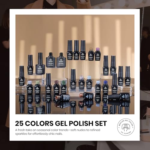 Image of Beetles Retro Gel Nail Polish Set - Catwalk Tonal Hues 25 Colors UV Gel Polish Set, Brown Nude Blue Green Glitter with Base Glossy Matte Top Coat Soak Off UV LED Manicure Gift for Women