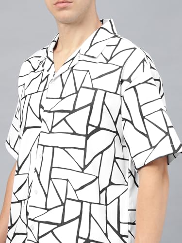 Image of Veirdo Poly Cotton Oversized Loose Baggy Fit Drop Shoulder Cool and Stylish Abstract Print Men Camp Collar Shirt