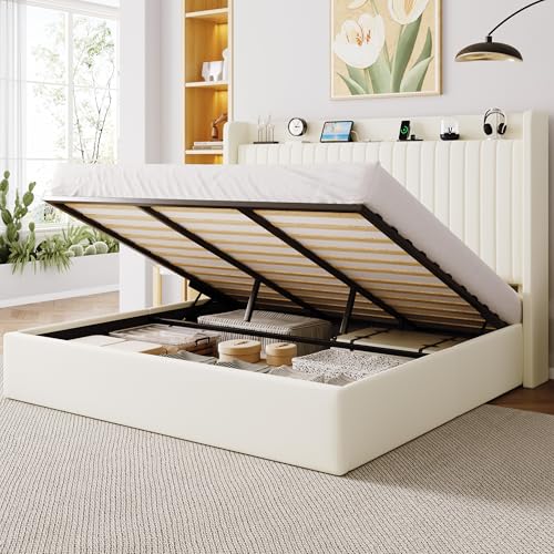 Image of Allewie King Size Lift Up Storage Bed Frame,Storage Shelf Headboard with Charging Station,Type-C and USB Ports,Hydraulic Support,Velvet Upholstered Bed Frame,No Box Spring Needed,Cream