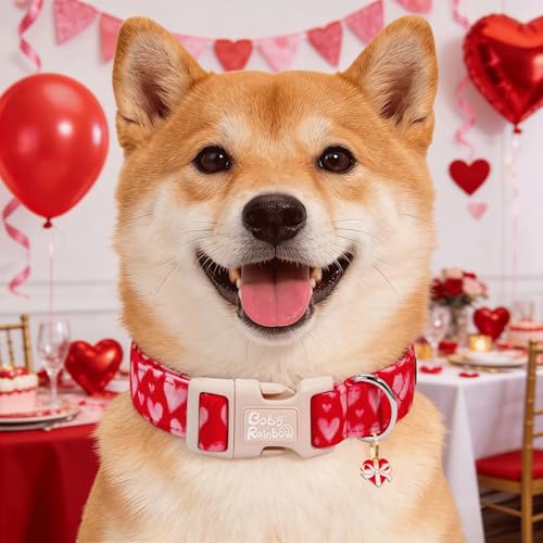 Image of Valentine's Lovely Pink Heart Dog Collar for X-Small Dogs | Valentine Pet Outfit,Wedding,Anniversary,Daily Walks,Adjustable,Cotton Fabric,Quick Release Plastic Buckle,Pendant,Female Dog