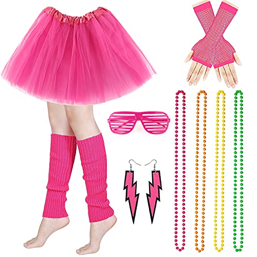 M MUNCASO Costume de déguisement des années 80, ensemble de costumes de fête des années 80 jupe tutu adulte avec jambières gants en résille boucles d'oreilles pour la fête rétro des années 80