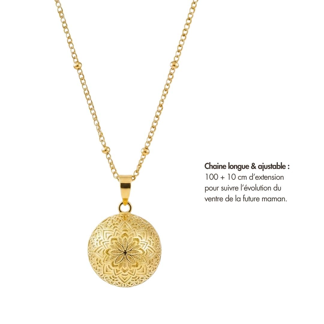 Bola de grossesse fleur de vie - Bola grossesse fleur - Collier bola grossesse or doré 18 carats et chaine bola en acier inoxydable maille satellite - Bola grossesse mandala or - Cadeau femme enceinte