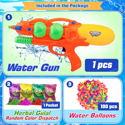 Image of Zest 4 Toyz Holi Pichkari Water Gun for Kids High Pressure Pump Action Water Gun with Holi Combo 100 Balloons and 1 Pkt Holi Color for Holi Summer Outdoor Fun for Boys and Girls- Orange