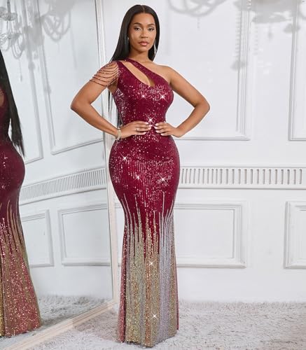Image of Cololura Women Sequin Elegant Sexy One Shoulder Tassel Mermaid Bodycon Cocktail Evening Dress