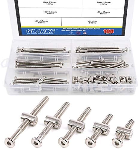 Glarks 100Pcs M6 x 35/45/55/65/75mm Hex Drive Socket Cap Furniture Barrel Screws Bolt Nuts Assortment Kit for Furniture, Cots, Babybeds, Crib, Chairs - Nickel Plated