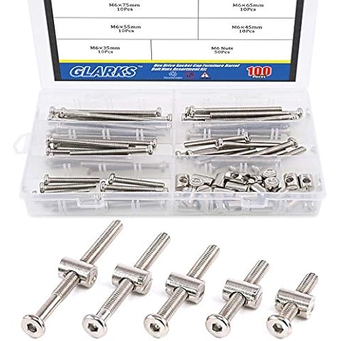 Glarks 100Pcs M6 x 35mm/45mm/55mm/65mm/75mm Hex Drive Socket Cap Furniture Barrel Screws Bolt Nuts Assortment Kit for Furniture, Cots, Babybeds, Crib, Chairs - Nickel Plated Cover