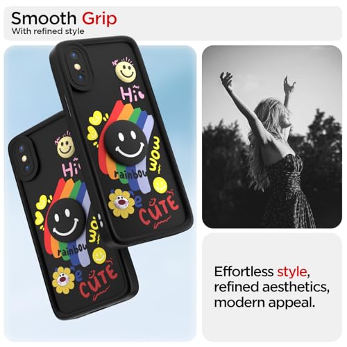 Image of Pikkme Back Cover for iPhone X /Xs | Soft Silicone| Cute Rainbow Smile & 3D Cartoon Flower Design | Shockproof Raised Camera Protection Bumper Case (Black)