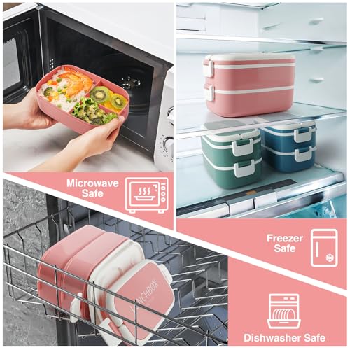 Beeptrum Bento Lunch Box Stackable,1400ml Containers with 4 Compartments and Cutlery, Leakproof 2 Layer Boxes - Image 3