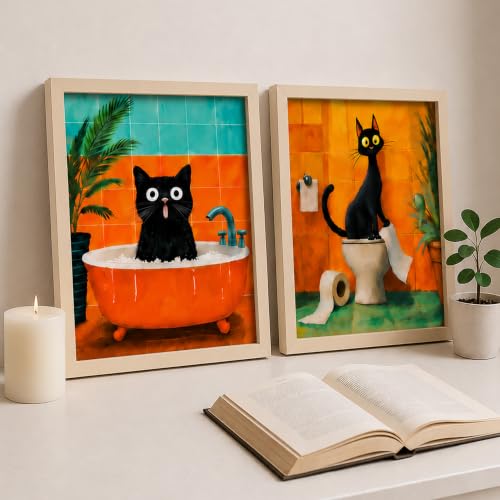 Image of PAINTINGMANTRA Quirky Black Cat Bathroom Wall Art Painting For Living Room, Whimsical Bathtub Framed Painting, Cute Aesthetic Cat Framed Wall Art for Bathroom, Restroom & Washroom Decor, 9x13 Inch