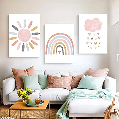 Nicjoy Pink Cloud Sun Rainbow Poster Nursery Wall Art Print Child Canvas Painting Nordic Pictures Kids Room Home Decor 3Psc/Set (8X12Inchx3(20X30Cmx3),No Frame) #TOP2