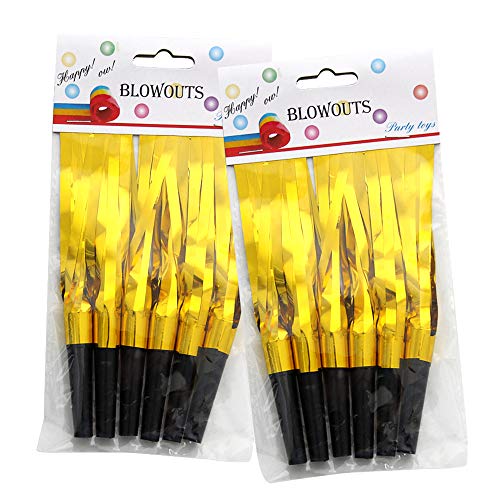 24 Pieces Glitter Metallic Fringed Noise Maker Musical Blowouts, Squawker Whistles Party Noisemakers for Birthday, New Year, Party Favor Decoration Supplies