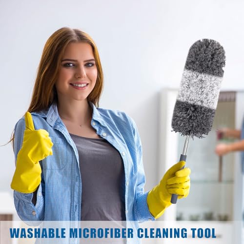 Image of Tanlade 1 Pcs Microfiber Feather Duster for Cleaning, Extendable 13-31 Inch Ceiling Fan Duster with Bendable Head, Washable Tools for Ceiling Fans, Furniture, Car, Cobwebs (Gray White)