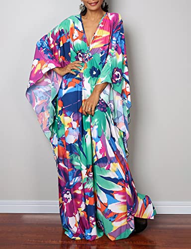 Eddoyee Women's Long Loose Colorful Floral Print Swim Cover Ups Open Side Batwing Sleeve Sexy Caftans Casual Robe #TOP1