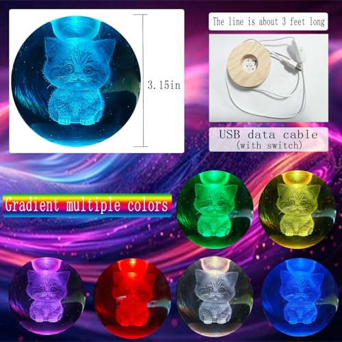 Image of 3D Kitten Crystal Ball 3.15 inch / LED Gradient Color Wooden USB Switch Base /Cat-Themed Couple Gift /Birthday,Christmas Gifts for Women